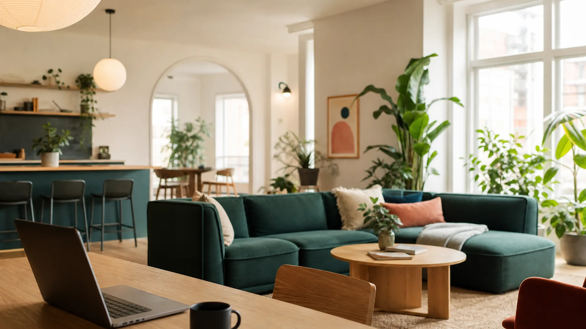 Espace de vie partagé lumineux d’un coliving